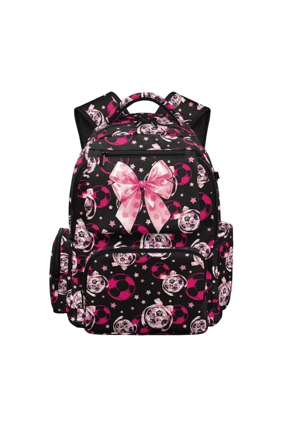 Blue Glitter Bow Football Bookbag for Kids Girls Primary School Lightweight 17 Inch Backpack with Side Pockets Kids Rucksack Daypack Children Back to School Gifts