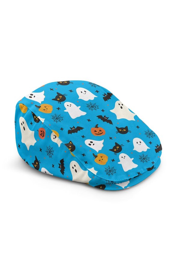 Blue Halloween Ghost Pumpkin Print Newsboy Cap for Men Adjustable Breathable Lightweight Irish Gatsby Hat for Holiday Parties Driving Outdoor Daily Wear