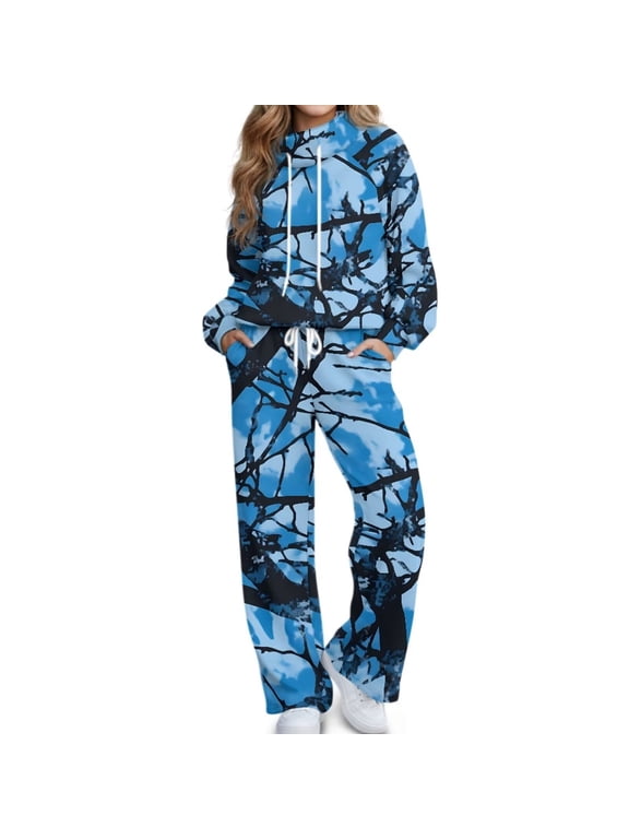 Blue Hunting Camo Womens 2 Piece Sweatsuits Outfits, Mock Neck Drawstring Sweatshirt Wide Leg Sweatpants Fall Casual Tracksuits Matching Lounge Sets with Pockets