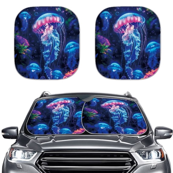 Binienty Blue Jellyfish Sunshade Visor 2-Piece Foldable Car Windshield Sun Shade Sun Shade for UV Protection Auto Interior Protector Easy Installation Fit Most Car, Truck, Suv, or Van