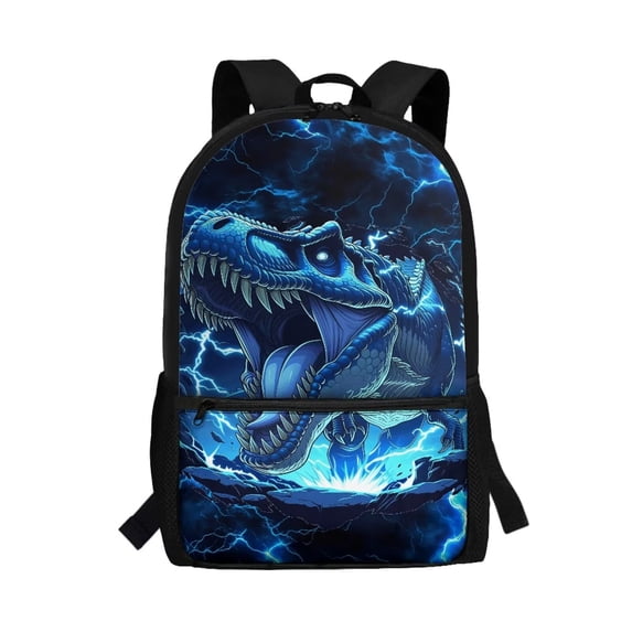 Binienty Blue Lightning Dinosaur 17 Inch School Backpack With Front Zipper Pocket Side Mesh Pouches Durable Bookbag For Teens Daily Class Travel Supplies Storage Bag