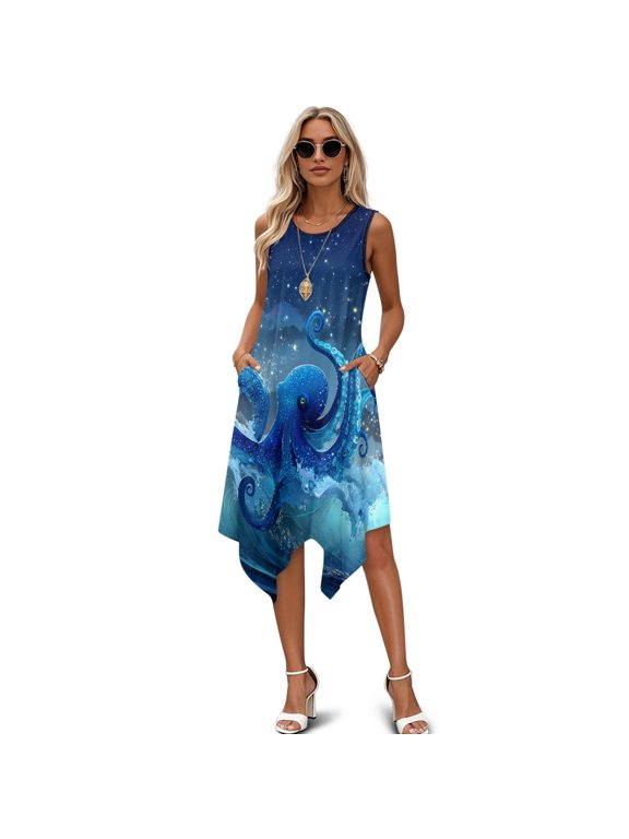 Blue Octopus Ocean Print Asymmetric Sundress, Sleeveless Sundress with Side Pockets for Daily Wear and Coffee Dates