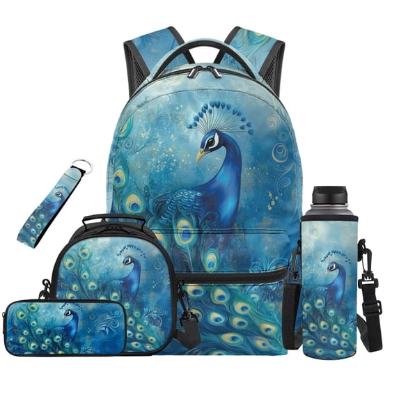Binienty Blue Peacock Backpack With Lunchbox Set For Primary School Girls Lightweight School Bookbag With Washable Lunch Bag Pencil Pouch Water Bottle Sleeve Keychain Children Day Pack