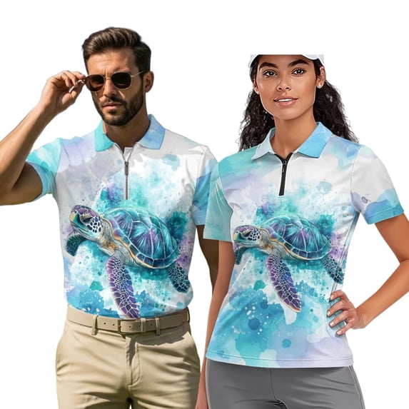 Binienty Blue Sea Turtle Matching Couple Golf Shirts Short Sleeve Couples Matching Golf Shirts Soft Comfortable Daily Wear for Workout Pickleball Running