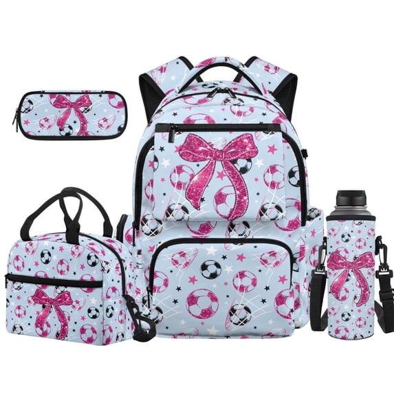 Binienty Blue Soccer Pink Bow 4 Piece Boys School Backpack With Lunchbox Set For Grade School Girls Waterproof Zippered Book Bag Lunch Box Small Pencil Case Kids Day Pack