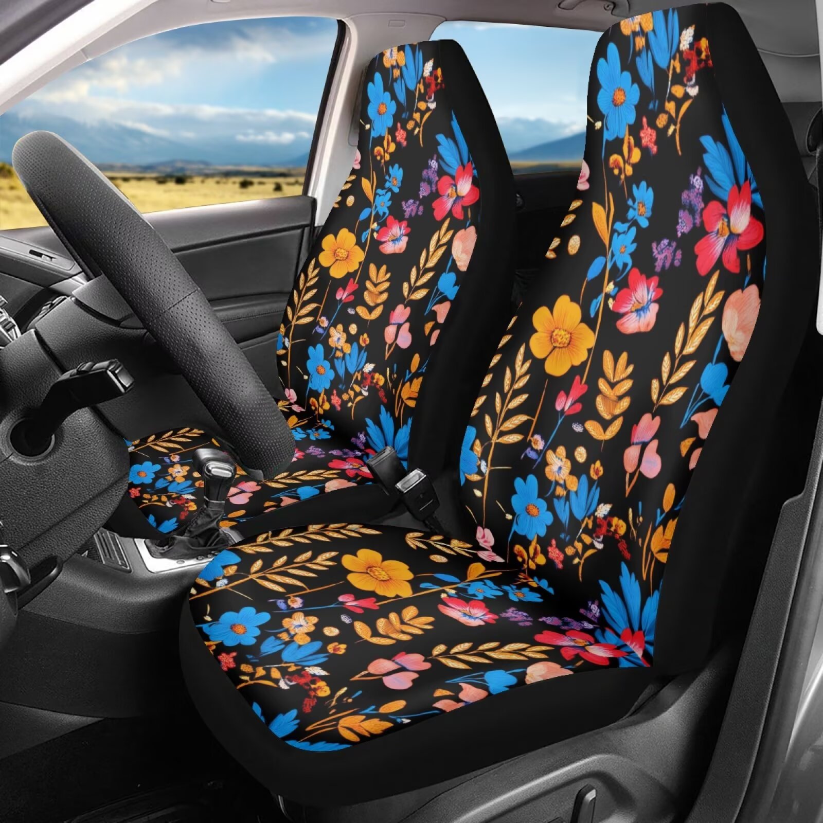 Binienty Blue Wildflower Car Front Seat Covers Full Set with 2 Piece Polyester Stretchy Automotive Interior Accessories Universal Fit Most Vehicles Easy to Install