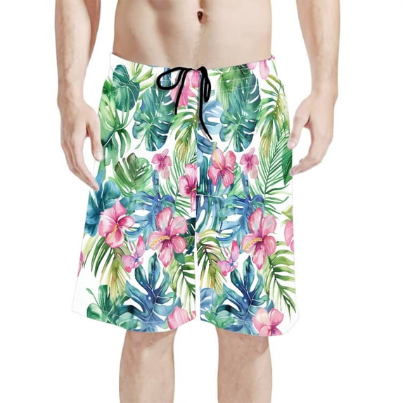 Binienty Board Shorts Men's Swim Trunks With Tropical Hibiscus Pattern - Breathable for Beach Swimming and Summer Vacations