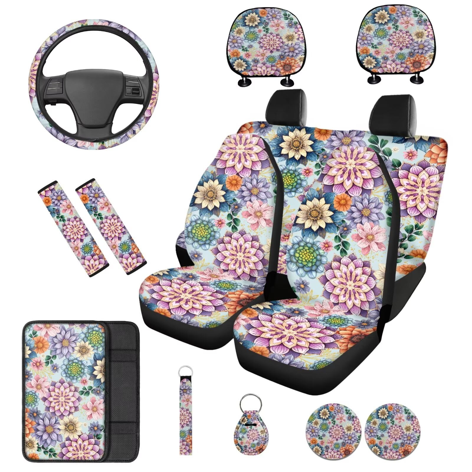 Binienty Bohemian Mandala Car Seat Covers Full Set 14 PCS Front Rear Automotive Seat Covers with Steering Wheel Cover Headrest Protectors Armrest Pad Universal Fit Auto Interior Set​