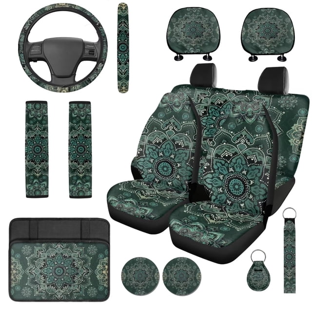 Binienty Bohemian Mandala Floral Auto Seat Covers with Steering Wheel Cover Armrest Cushion Pad Headrest Covers Automotive Seat Belt Covers Vehicle Interior Accessories Set for Sedan SUV Truck Van