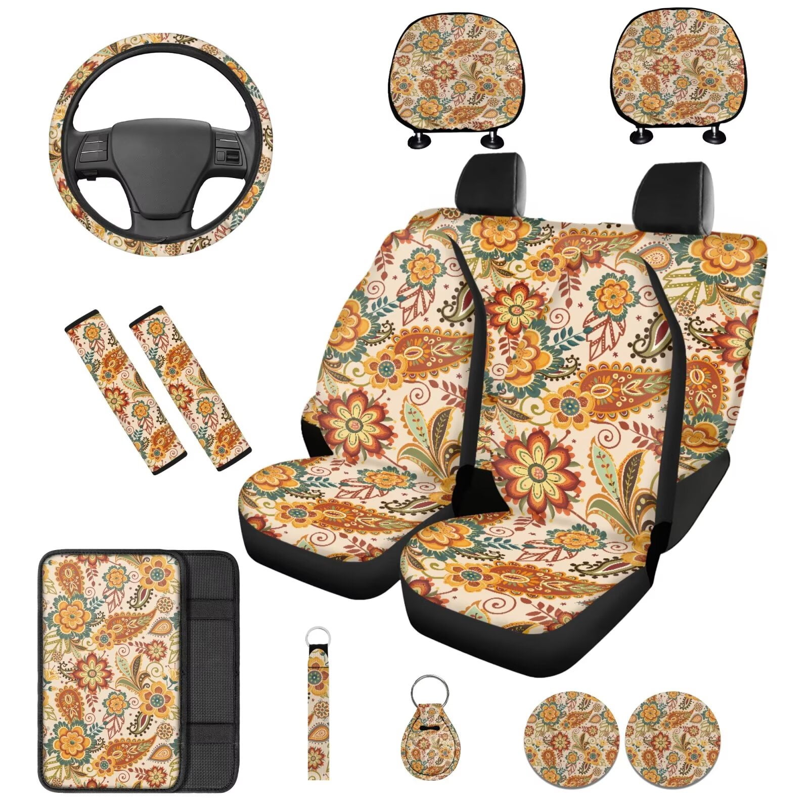Binienty Bohemian Paisley Car Seat Covers Full Set with Steering Wheel Cover Headrest Protectors Seatbelt Shoulder Pads Machine Washable Fabric Universal Fit for SUV Truck Sedan Auto Interior Decor