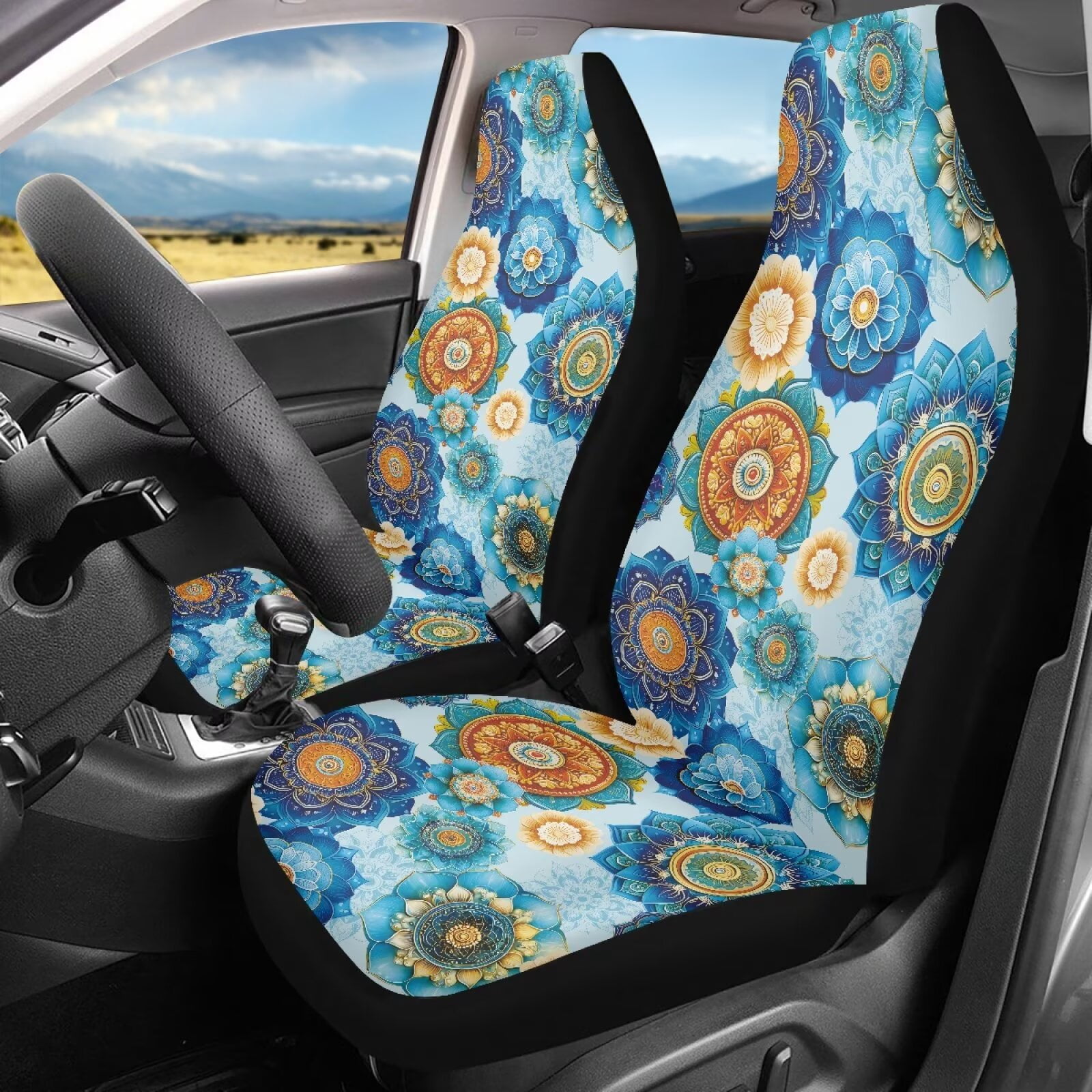 Binienty Boho Car Seat Covers for Women Girly Mandala Floral Front Seat Covers Soft Automotive Interior Protector Accessories Fit for Car SUV Sedan Truck
