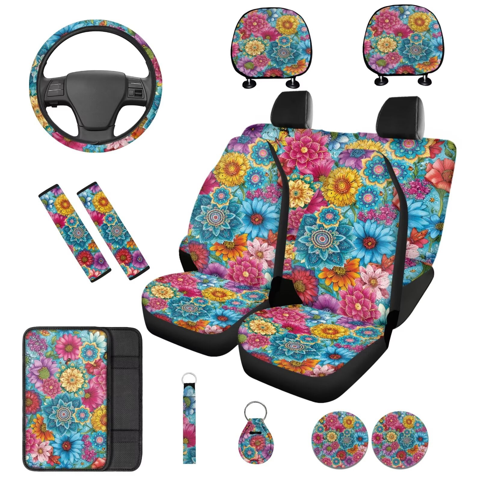 Binienty Boho Dahlia Auto Seat Covers Full Set Front Rear Car Seat Protective Cover With Steering Wheel Cover Arm Rest Cushion Covers Universal Car Interior Accessories for Women Girly