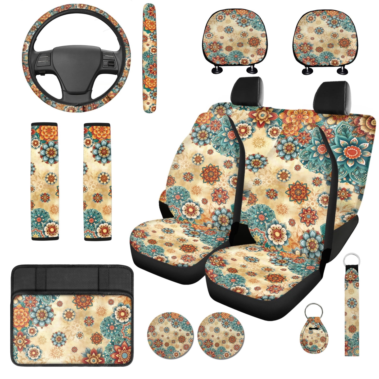 Binienty Boho Dahlia Floral Vehicle Seat Covers Full Set with 15 Inch Steering Wheel Cover Center Console Cushion Seat Belt Covers Coasters Automotive Interior Decor Set 14 PCS​