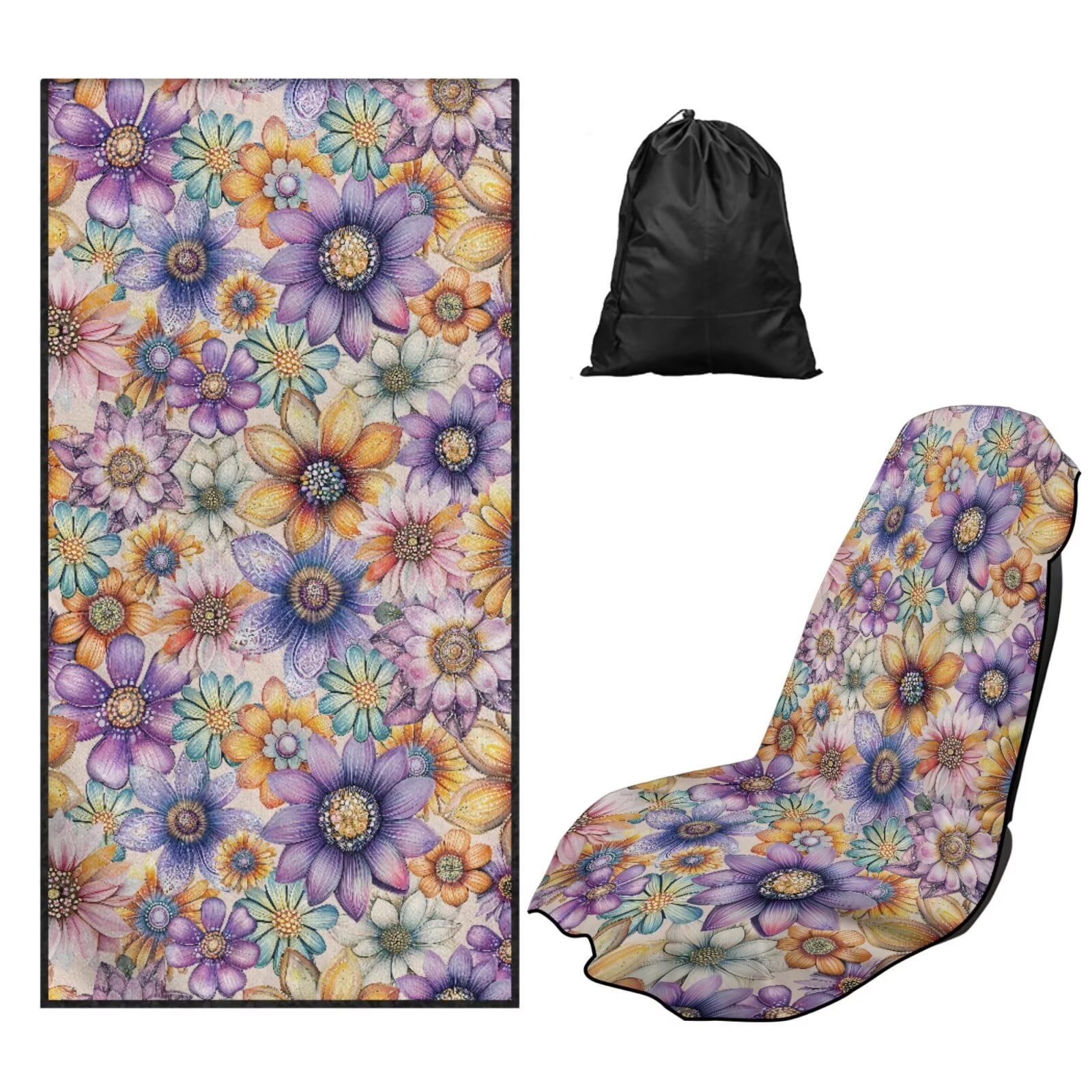 Binienty Boho Floral Beach Towel Car Seat Covers Front Seats Non-Slip Breathable Sweat Towel Car Seat Cover For Post Gym Workout Surfing Swimming Running Yoga Blankets