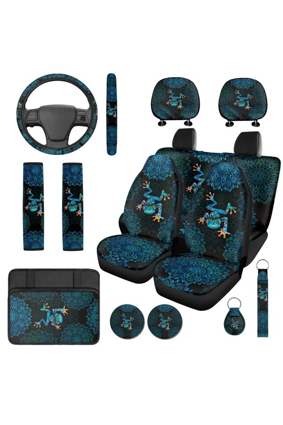 Boho Floral Frog Automotive Seat Covers Full Set with Matching Steering Wheel Cover Center Cover Protector Auto Seat Belt Cushion Pad Headrest Covers Car Interior Decor for Sedan SUV Truck
