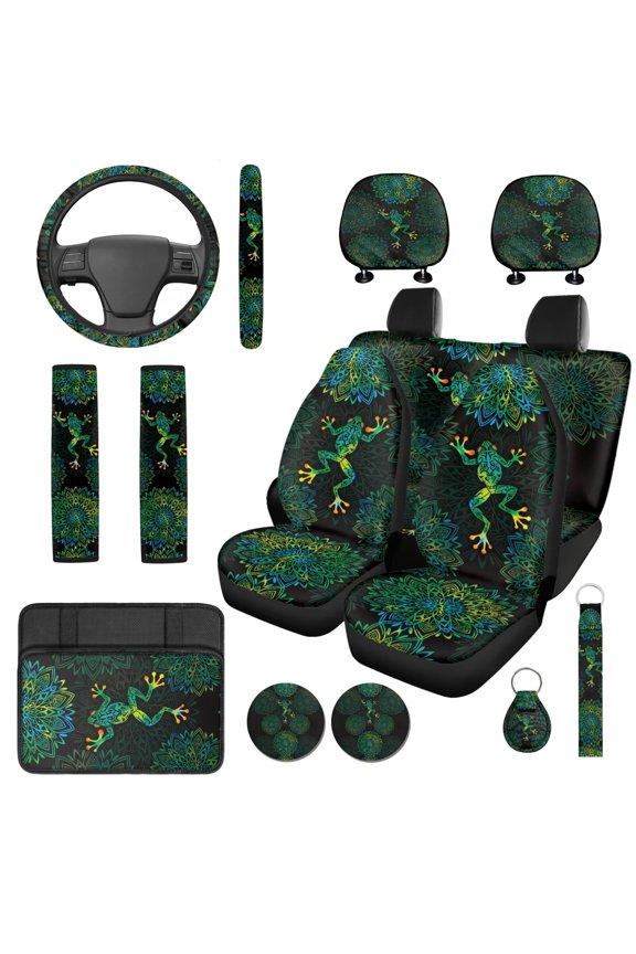 Boho Floral Frog Vehicle Seat Covers Full Set with Matching Car Steering Wheel Cover Seat Belt Cushion Pad Headrest Covers Auto Interior Decor Set for Van Sedan SUV Truck 14 Pieces
