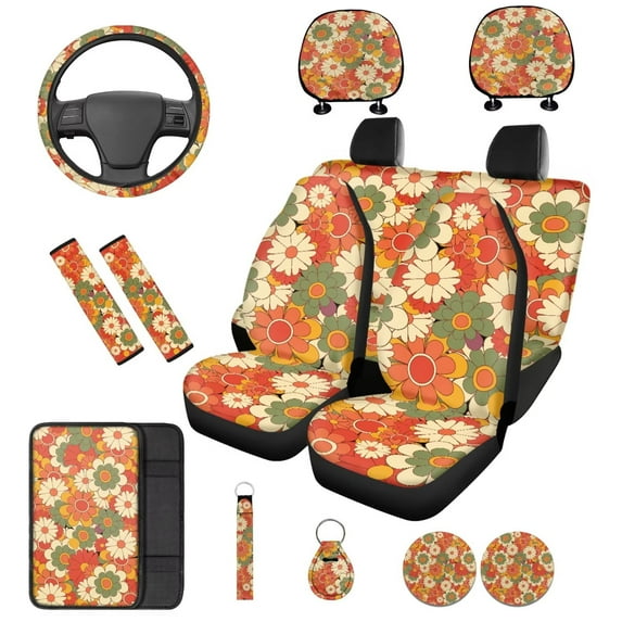 Binienty Boho Hippie Vehicle Seat Covers Front Split Rear 14 PCS with Armrest Cover Seat Belt Pads Headrest Covers Steering Wheel Cover Universal Car Interior Decor Set
