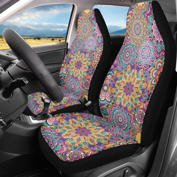 Binienty Boho Lotus Flower Automotive Seat Covers Front Seats Only Car Interior Sets for Women Bohemian Mandala Car Seat Cover Protector Universal Fit for Most Highback Seats