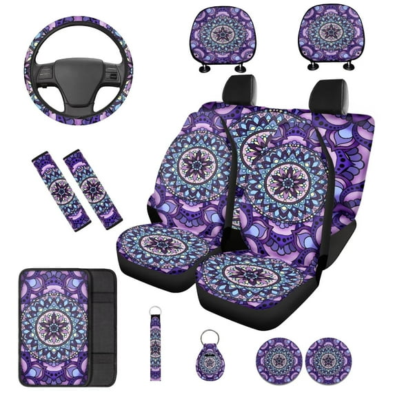 Binienty Boho Mandala Car Seat Covers Full Set Front Split Rear Floral 15 Inch Steering Wheel Cover Seatbelt Covers Center Console Cushion Pad Universal Car Interior Sets For Women Girly, 14 Pack