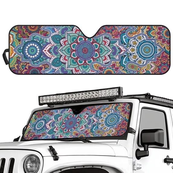 Binienty Boho Mandala Floral Windshield Visor Sun Shade for SUV Truck Auti-UV Reflective Automotive Window Sunshades Foldable Automotive Interior Sun Protection for Women Girly