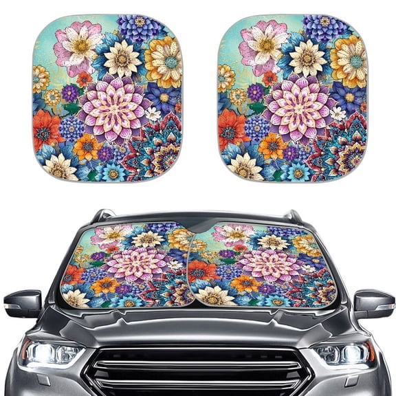 Binienty Boho Mandala Windshield Sun Visor for Car Front Window Foldable 2 Pieces Car Shield Sun Protector Heat Reflector-Keep Your Vehicle Cool