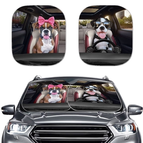 Binienty Boston Dog Car Front Windshield Sun Shade 2 PCS Lightweight Uv Rays Protection Easy to Clean Customized Patterns Polyester Cloth Fit Car Front Window for Sedan SUV Van