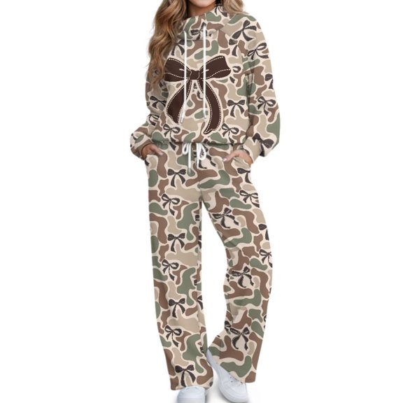 Binienty Bow Camo Womens 2 Piece Sweatsuits Sets Fall, Mock Neck Long Sleeve Sweatshirt Wide Leg Sweatpants with Pockets Casual Lounge Tracksuits Outfits