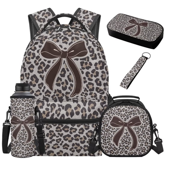 Binienty Bow Leopard Print Kids Backpack Set For Boys 8-10 Lightweight Book Bag With Insulated Lunch Box Pencil Pouch Water Bottle Sleeve Keychain 5-In-1 Back to School Gifts for Students