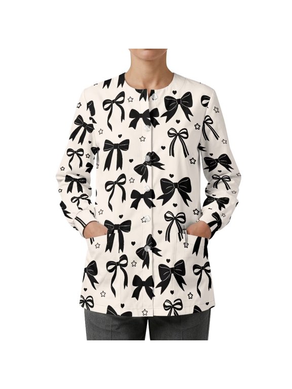 Bow Print Polyester Medical Scrub Jackets Women Comfortable Polyester Scrub Jacket Long Sleeve for Nurses Students Assistants Nurse Uniforms Soft Breathable