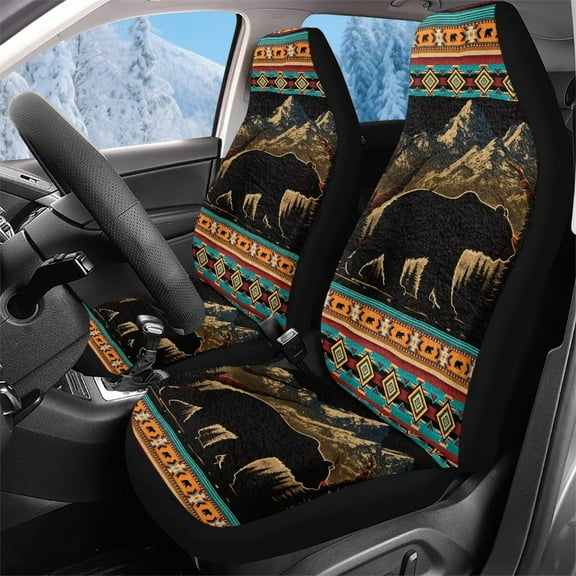 Binienty Brown Bear Car Seat Covers Set 2 Pack Southwest American Aztec Auto Seat Covers for Car Front Bucket Seats Winter Warm Automotive Interior Accessories