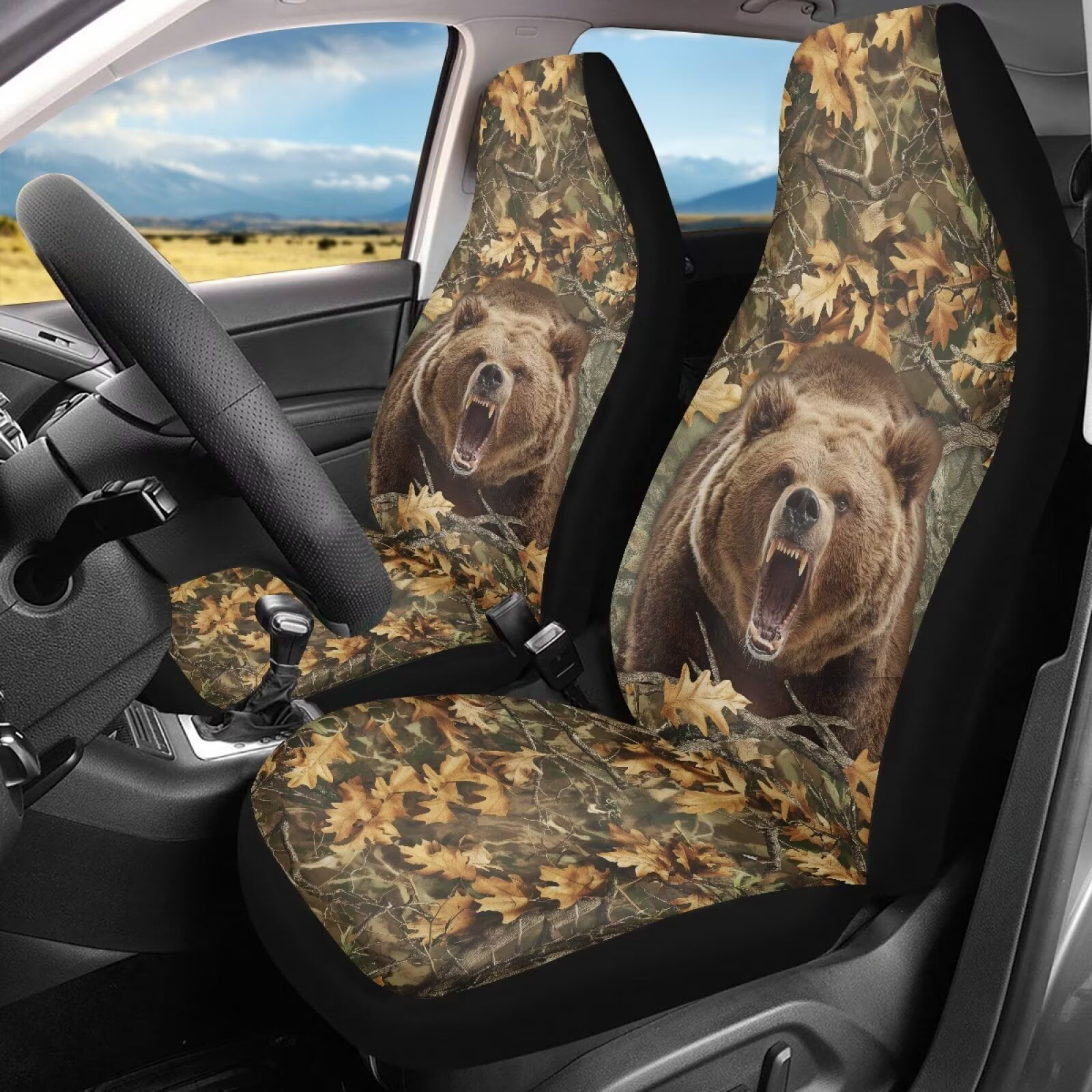 Binienty Brown Beer Hunting Camo Car Seat Covers & Accessories Soft Polyester Vehicle Bucket Seat Covers 2 Pack Breathable Anti-Slip Washable Easy Install Vehicle Interior Protectors