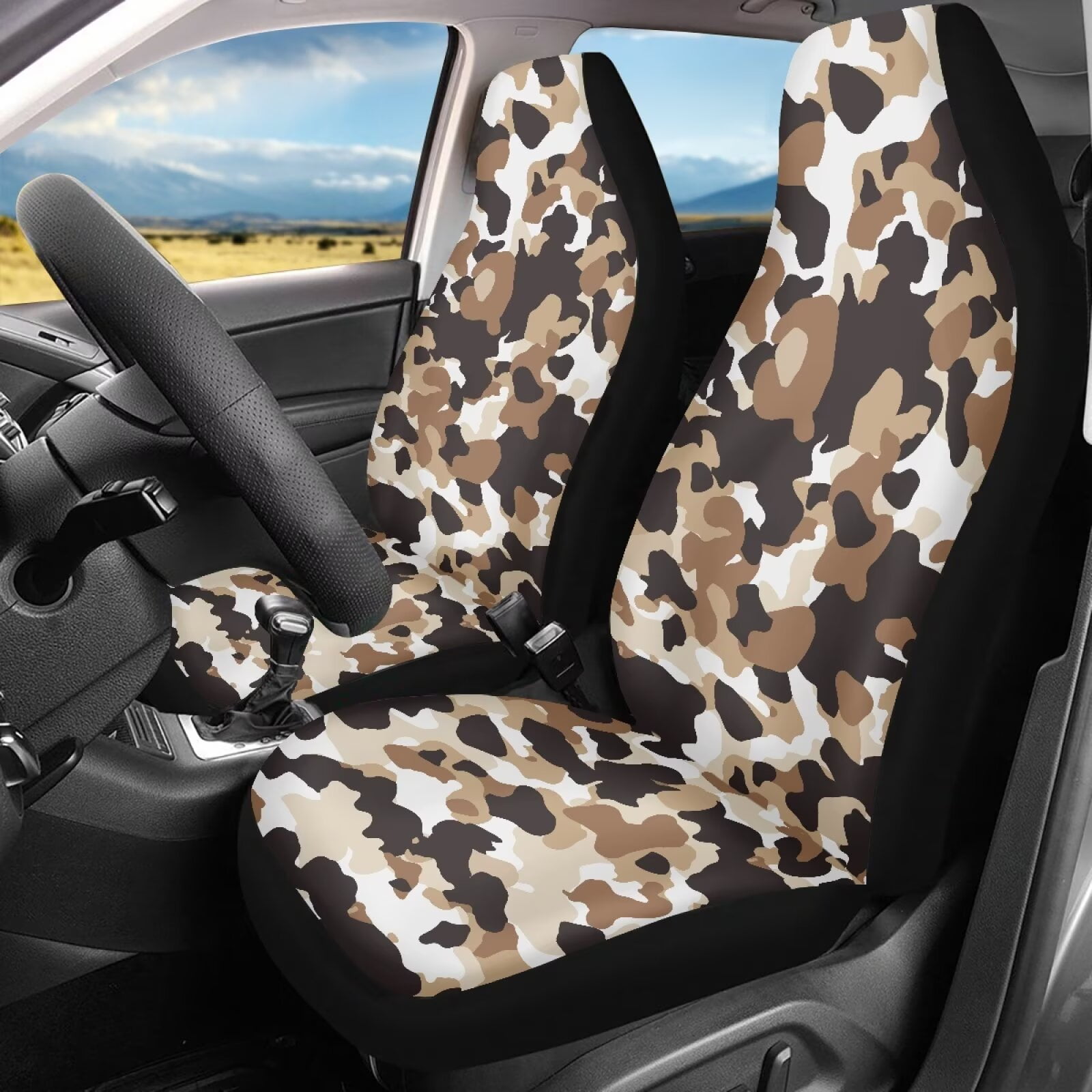 Binienty Brown Camo Print Car Seat Covers Front Seats Only Elastic Polyester Bucket Seat Covers Anti-Scratch Breathable Easy to Install Universal for Cars SUV/Trucks/Sedans
