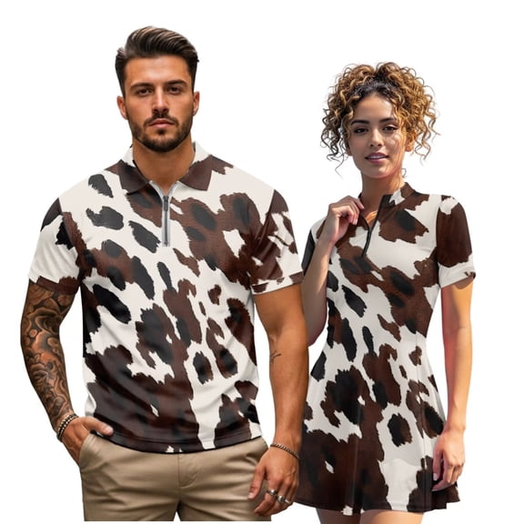 Binienty Brown Cow Print Golf Apparel for Couple Breathable 1/4 Zipper Summer Golf Outfit Set Men's Shirt Women's Short Sleeve Skirt for Workout Pickleball Running Outing Wear