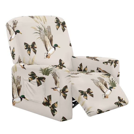 Binienty Brushed 4 Pcs Recliner Cover for Pet, Spandex Polyester Side Pocket Recliner Chair Covers for Living Room, Duck Camo Bow