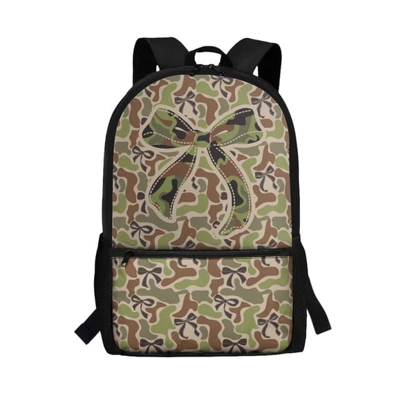 Binienty Camo Bow Print Kids School Backpack, 17 Inch Large Capacity Bookbag with Built-in Laptop Slot, Adjustable Straps Front Pocket Travel Daypack for Students
