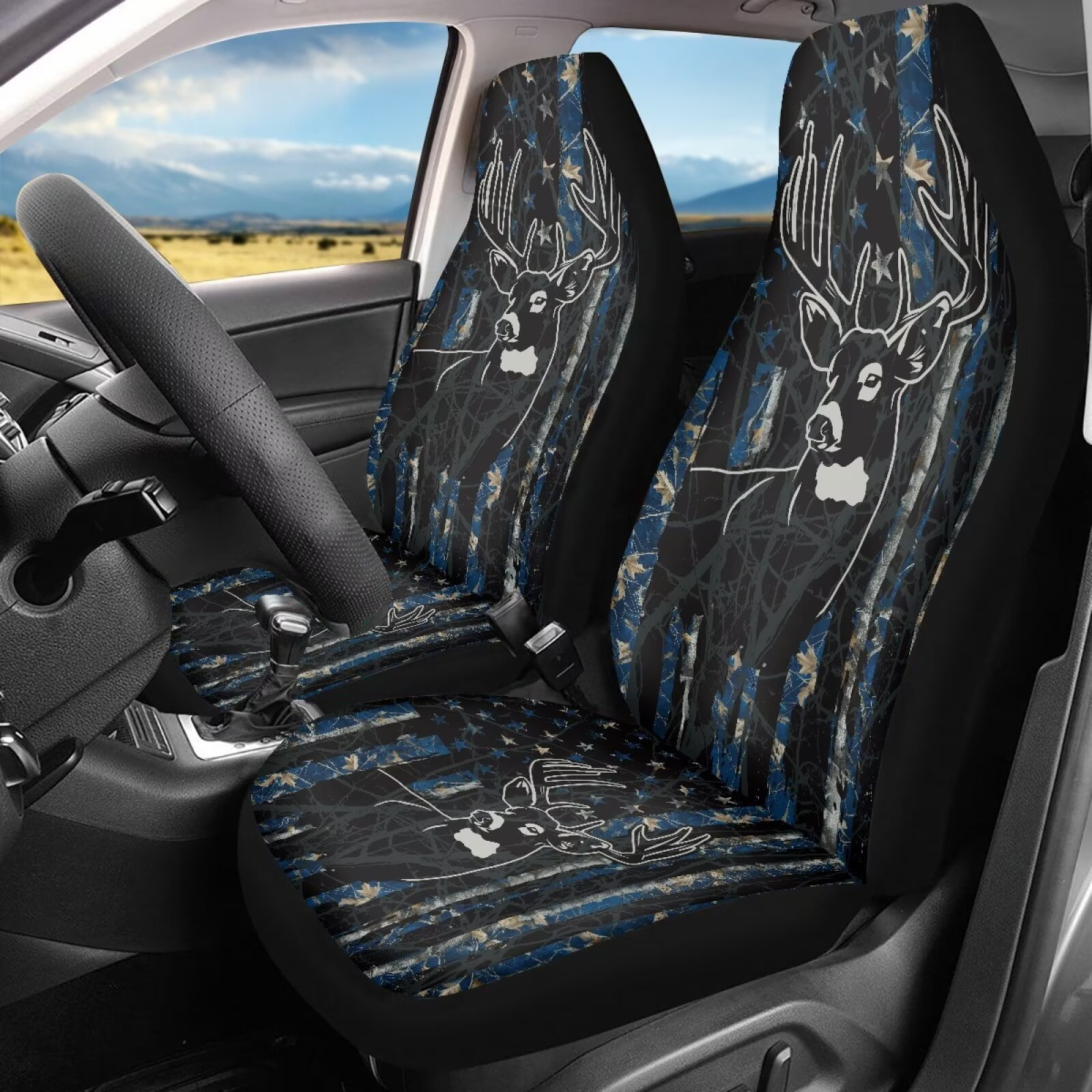 Binienty Camo Deer Front Auto Seat Covers American Flag Soft Cloth Bucket Seat Covers Breathable Anti-Slip Anti-Wear Elastic Easy to Install Universal Vehicle Accessories