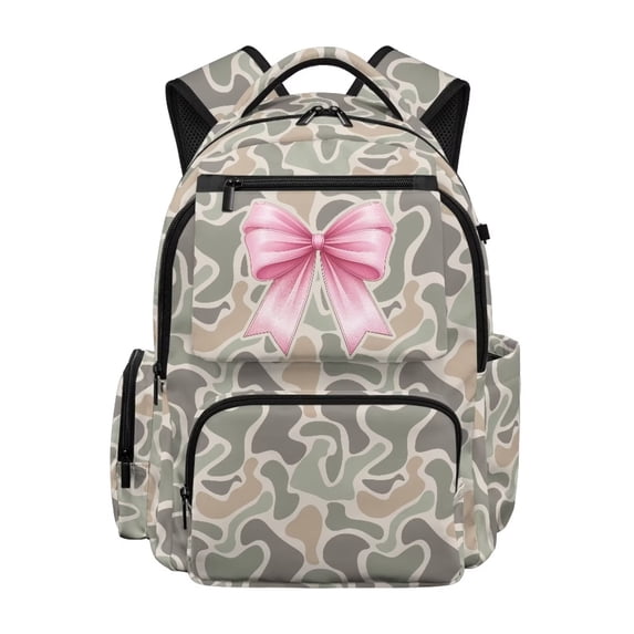 Binienty Camo Pink Bow Backpack for Teen Girls Middle School 17 Inch Heavy Duty School Backpack with Side Pockets School Bag Children Back to School Gifts