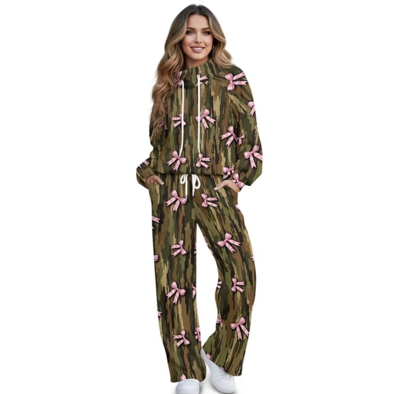 Binienty Camo Pink Bow Womens 2 Piece Outfits Sweatsuits Sets, Fall Drawstring Mock Neck Sweatshirt Wide Leg Sweatpants Matching Casual Lounge Tracksuit with Pockets