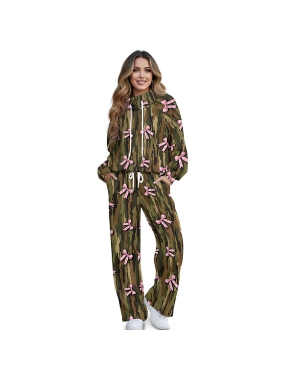 Camo Pink Bow Womens 2 Piece Outfits Sweatsuits Sets, Fall Drawstring Mock Neck Sweatshirt Wide Leg Sweatpants Matching Casual Lounge Tracksuit with Pockets