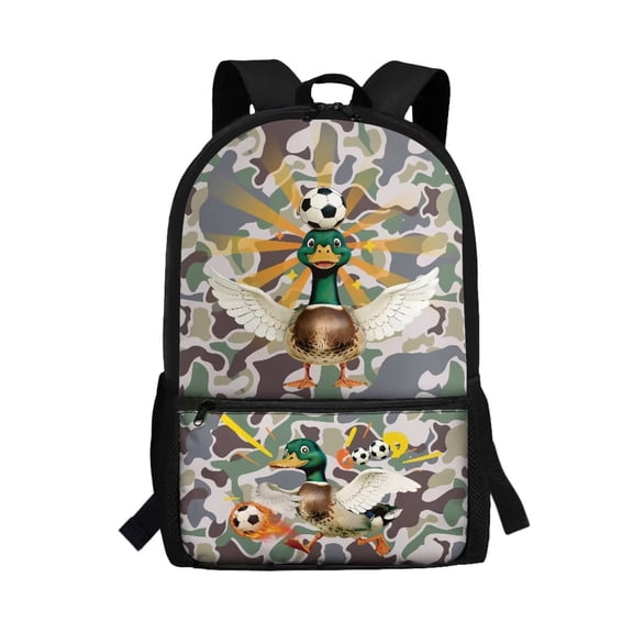 Binienty Camo Soccer Duck Print School Backpack for Kids Primary School Students Bookbag Ages 6-12 17 Inch Large Capacity Schoolbag with Customizable Straps Front Storage Pockets Kids Gifts
