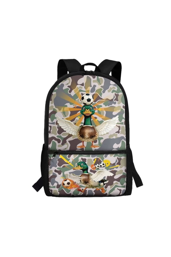 Camo Soccer Duck Print School Backpack for Kids Primary School Students Bookbag Ages 6-12 17 Inch Large Capacity Schoolbag with Customizable Straps Front Storage Pockets Kids Gifts
