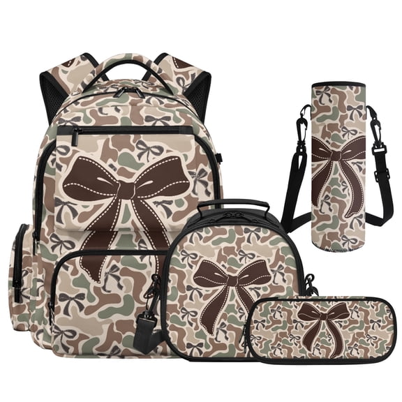 Binienty Camouflage Bow Pattern 4 Pcs Set School Backpack Set with Schoolbag Lunch Carrier Pencil Case Cup Protector with Anti-Scratch Durable Kids Backpack Set