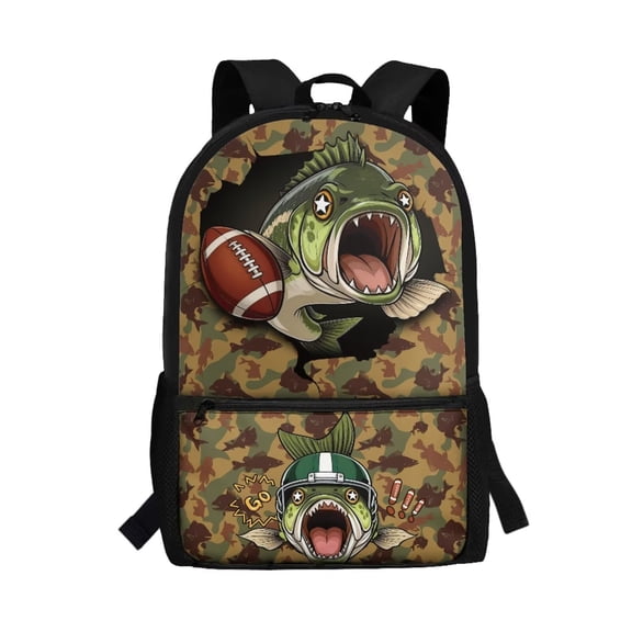 Binienty Camouflage Football Fish Print 17 Inch Kids School Backpack Durable Large Capacity Bookbag with Side Mesh Pockets Front Storage Pocket for Teens Daily School Use