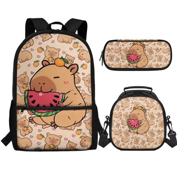 Binienty Capybara Bookbag For Girls With Lunch Box and Pencil Case Set Kids School Backpack with Front Compartment Zipper Pencil Pouch 17 Inch School Bag Thermal Box