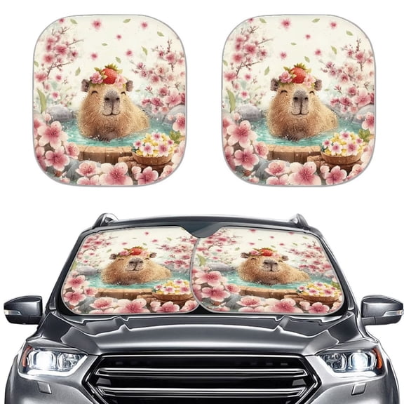 Binienty Capybara Car Windshield Sun Shade Funny Cute Cherry Blossom Floral Auto Front Windshield Heatshield Sunshade Easy Fold Auto Accessories Interior Protection