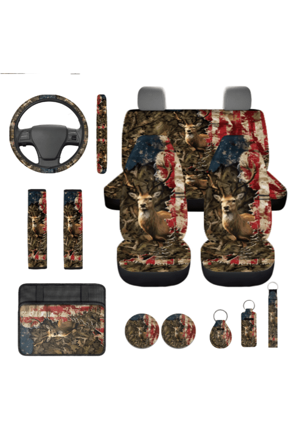 Car Accessories, with Steering Wheel Cover Automobile Accessory Auto Seat Belt Cover Keychain Key Chain, Deer Flag Auto Accessory
