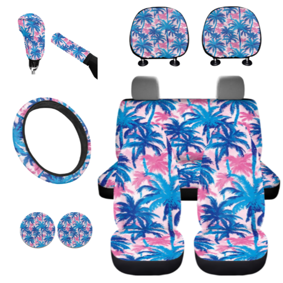 Binienty Car Accessory Set, with Car Gear Shift Knob Cover Car Gear Shift Cover Car Headrest Pillow Protectors, 11 pcs Coconut Tree Pattern