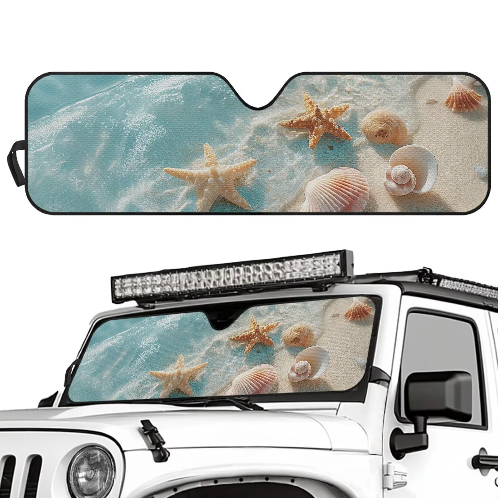 Binienty Car Front Windshield Sun Shade for Jeep Wrangler Rubicon/Sahara 2007-2025 Sun Visor for Car Windshield Foldable UV Ray Protector Sunshade for Jeep Wrangler Accessories, Beach Starfish Conch
