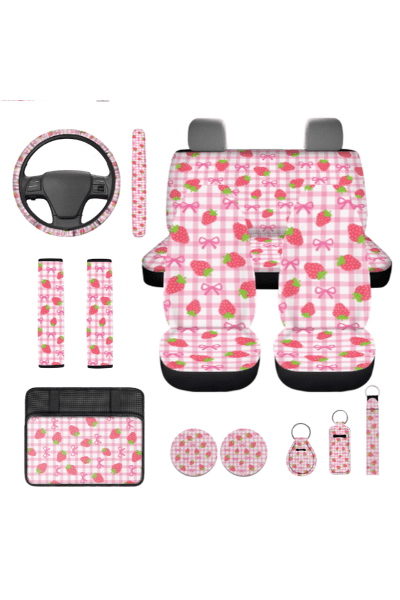 Car Seat Cover Set, with Auto Interior Sets Steering Wheel Cover Auto Steering Wheel Cover Auto Keychain Coasters, Strawberry Gingham Print Protective