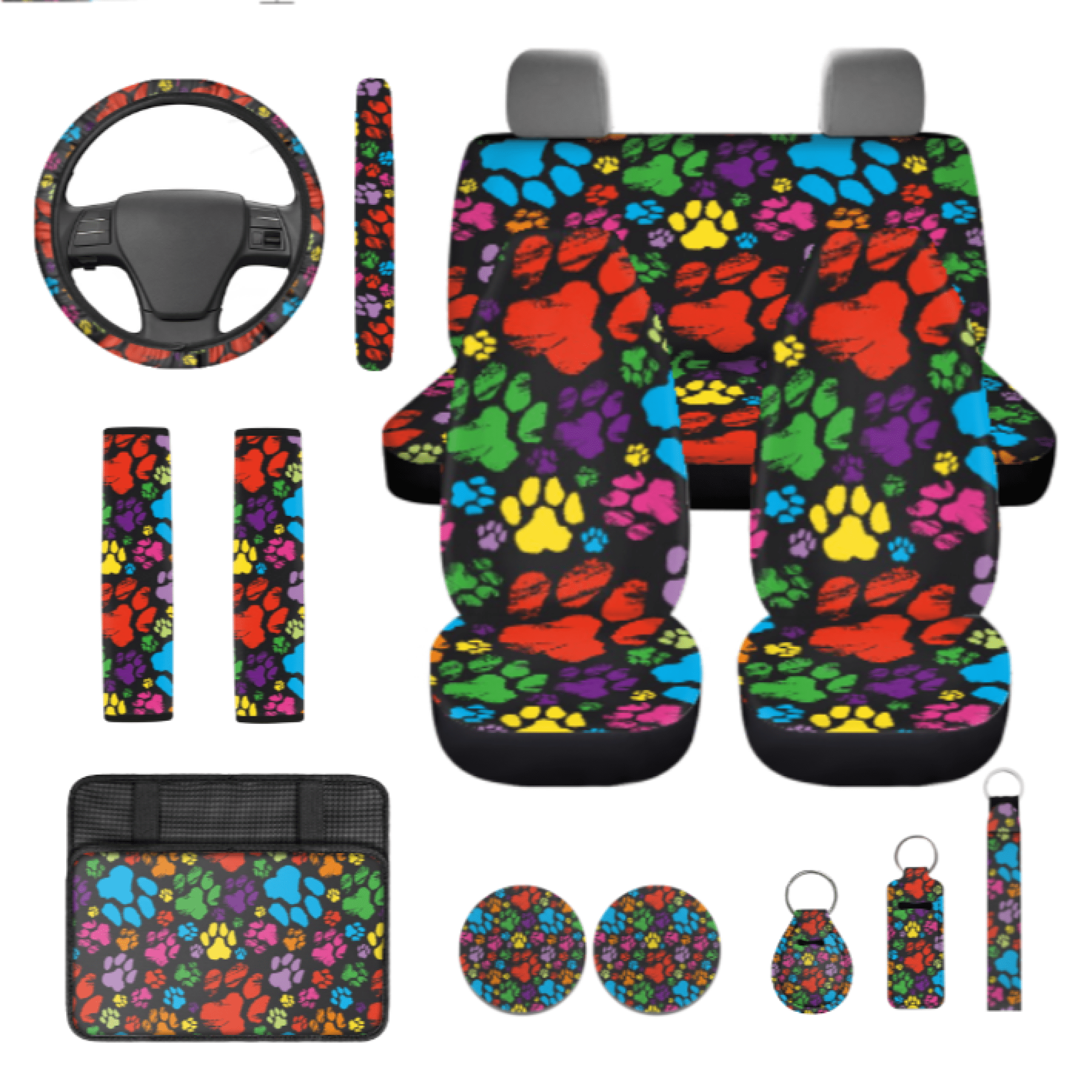 Binienty Car Seat Covers Full Set, with Steering Wheel Cover Coasters Lipstick Sleeve Seat Belt Pads, 13 Pcs Animal Paw Prints Car Accessories